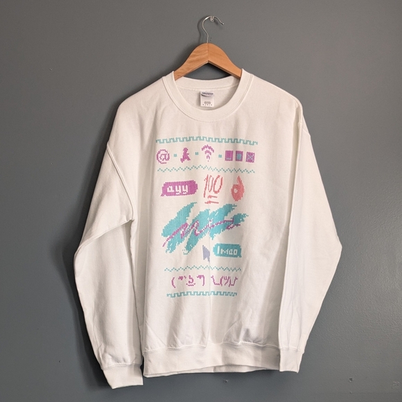Ugly Christmas Sweater Tops - Gildan emoji crewneck long sleeve white sweater sweatshirt unisex Medium